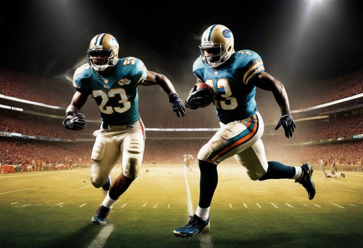 A dynamic collage featuring a stylized action shot of Reggie Bush breaking through a defense, surrounded by shattered records and accolades on one side, transitioning to a somber scene depicting his struggles and regrets on the other side. Include elements like broken trophies and a shadowy figure to represent lost glory, with a football field backdrop. dramatic lighting. super-realistic. vibrant colors.
