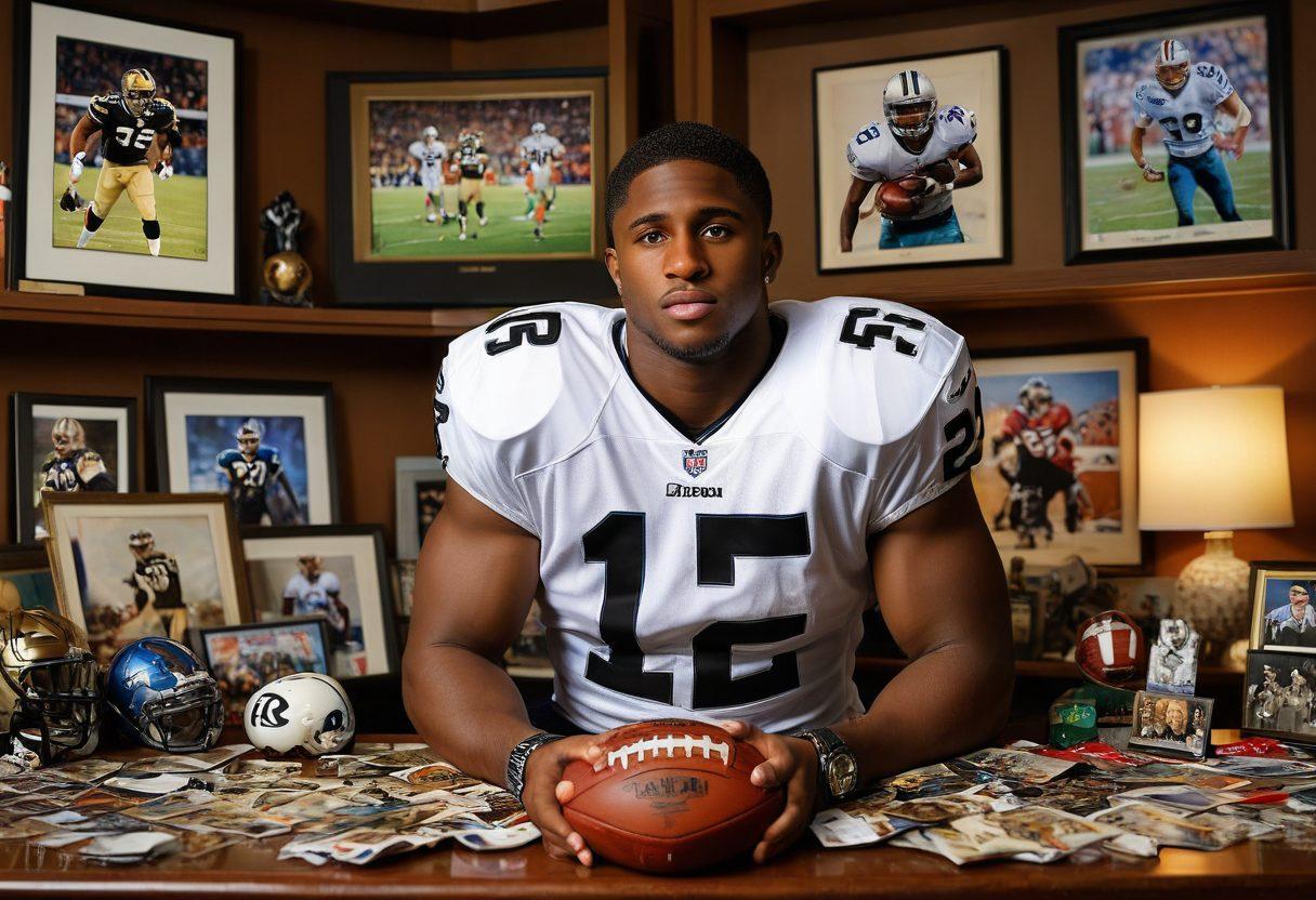 A poignant portrait of Reggie Bush reflecting on his career, surrounded by football memorabilia and personal mementos that symbolize his battles. In the background, a blurred stadium lights setting to evoke both glory and struggle. His expression should convey strength and vulnerability, with light casting dramatic shadows on his face. Artistic style should blend realism with a touch of impressionism to capture the emotional depth. super-realistic. vibrant colors.