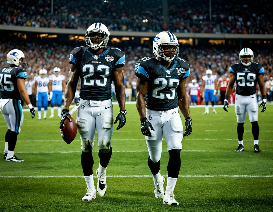 A dramatic scene depicting Reggie Bush in a contrasting light—half in vibrant glory on a football field, surrounded by cheering fans, and half in shadow, reflecting a somber mood with rain and dark clouds overhead. Include elements symbolizing his journey, like a broken trophy and a whispering crowd in the gloom. Super-realistic. Dark and moody colors. Focused on emotional contrasts.